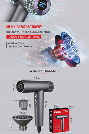 WMARK NG-9118 Suszarka kompaktowa do włosów silnik cyfrowy 105000 obr/min